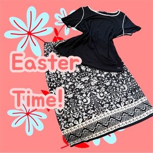 NWOT Black and White Floral Skirt and Black Dressy Tee with White Piping